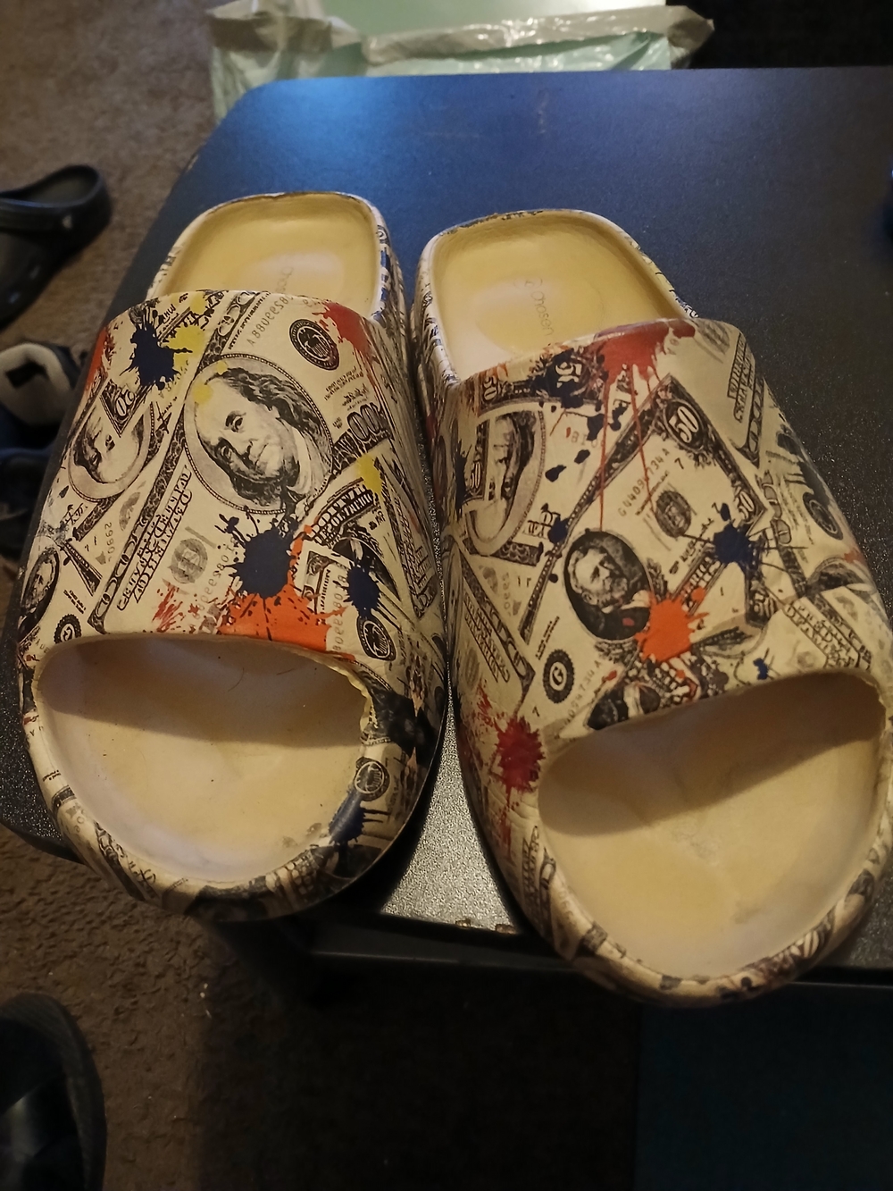 Unisex Slide Sandals with Money Print and Multicolor Paint Splatters
